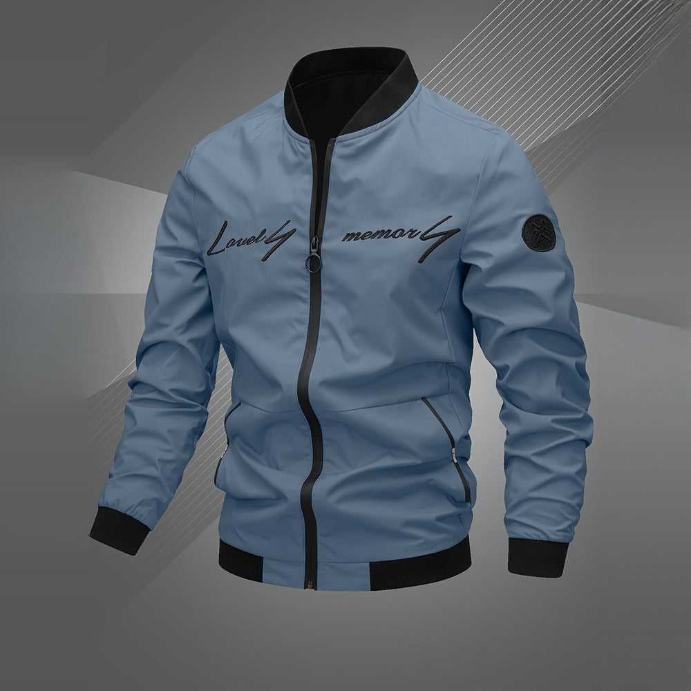 Men's embroidered bomber jacket in mist blue, front view