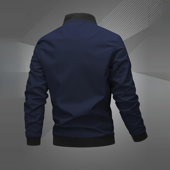Men's embroidered bomber jacket in navy, back view