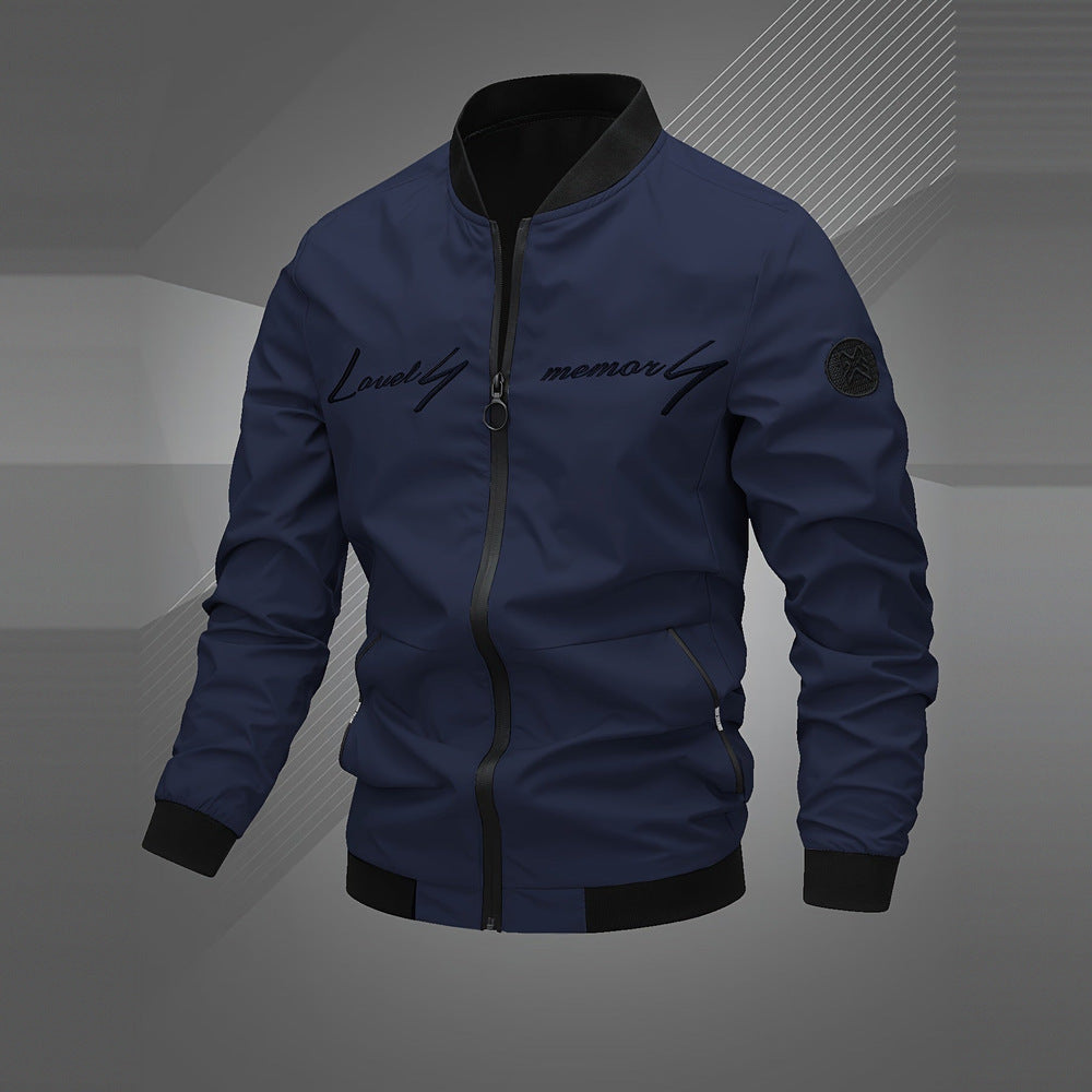 Men's embroidered bomber jacket in navy, front view