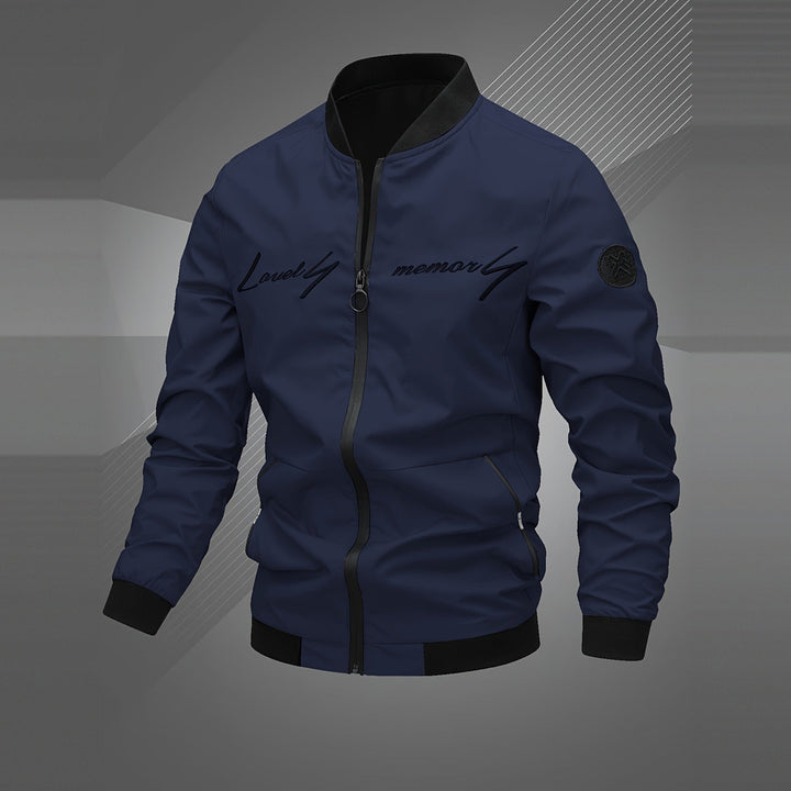 Men's embroidered bomber jacket in navy, front view