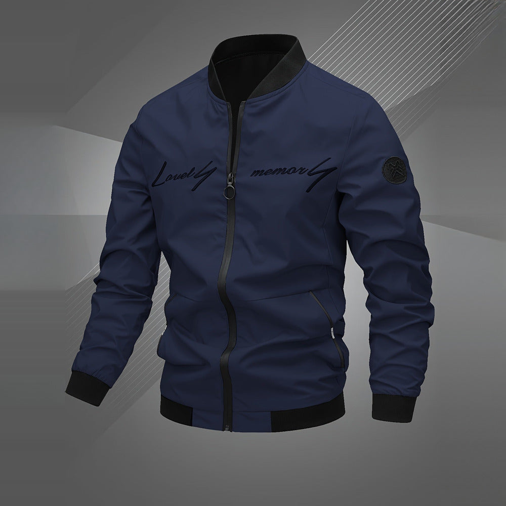Men's embroidered bomber jacket in navy, front view