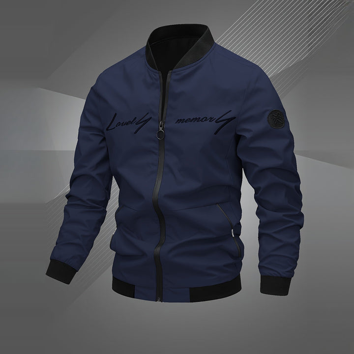 Men's embroidered bomber jacket in navy, front view