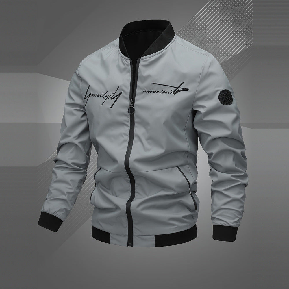 Men's embroidered bomber jacket in space grey, front view