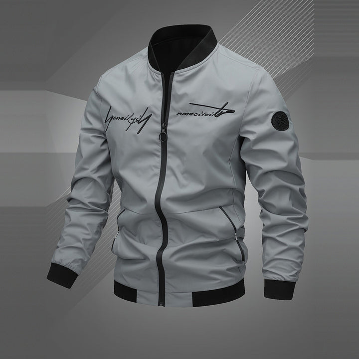 Men's embroidered bomber jacket in space grey, front view