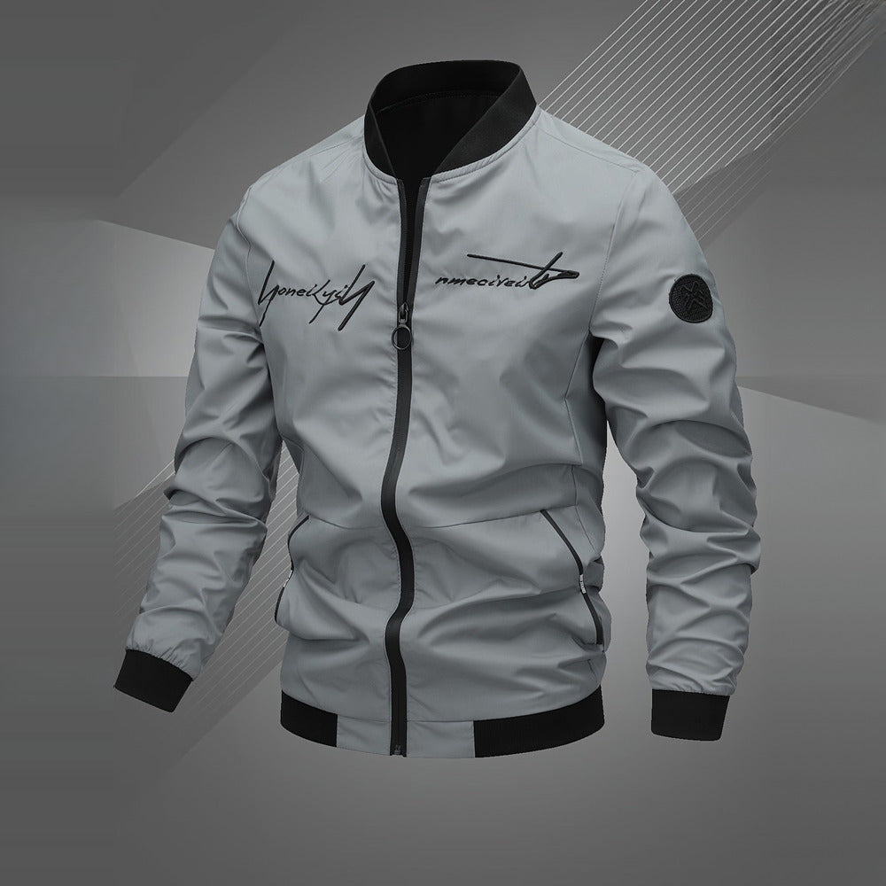Men's embroidered bomber jacket in space grey, front view