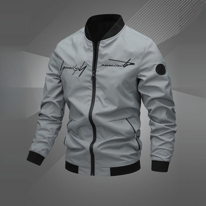 Men's embroidered bomber jacket in space grey, front view