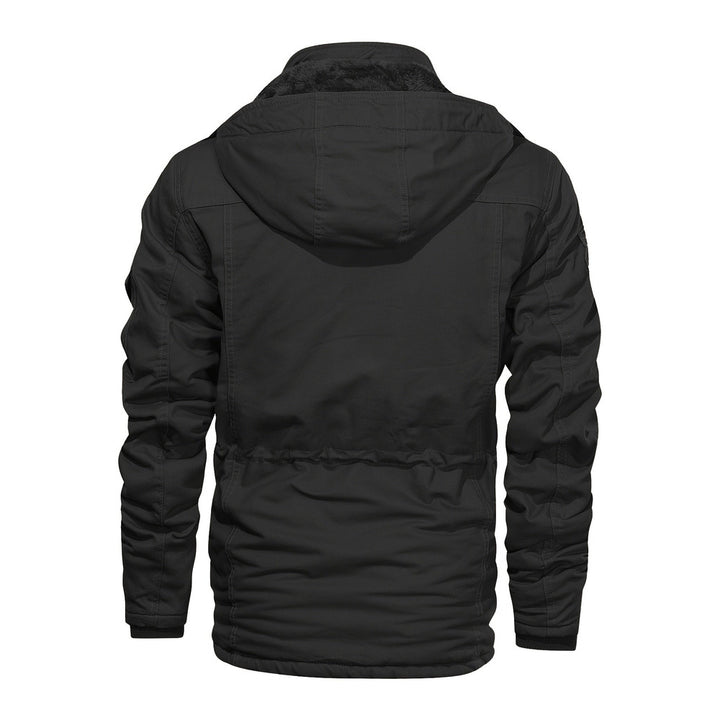 Men's heavyweight hooded cargo jacket in black, back view