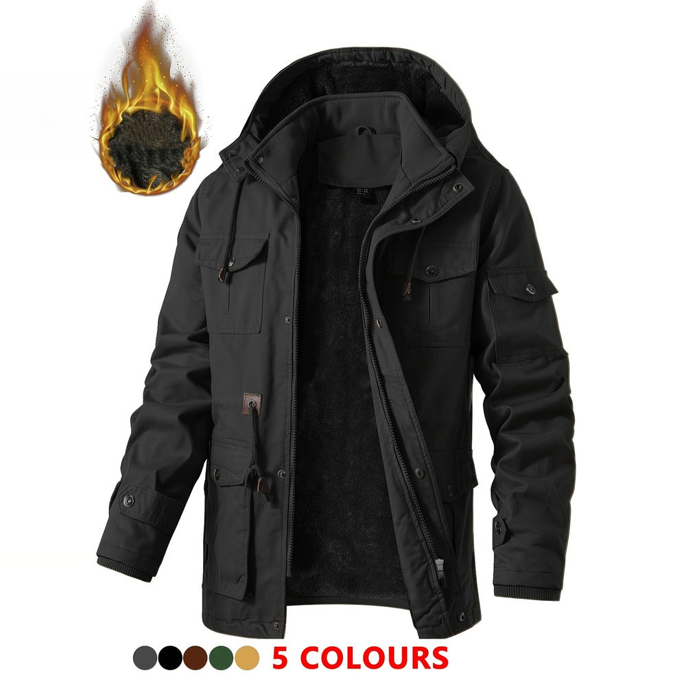 Men's heavyweight hooded cargo jacket in black, front view