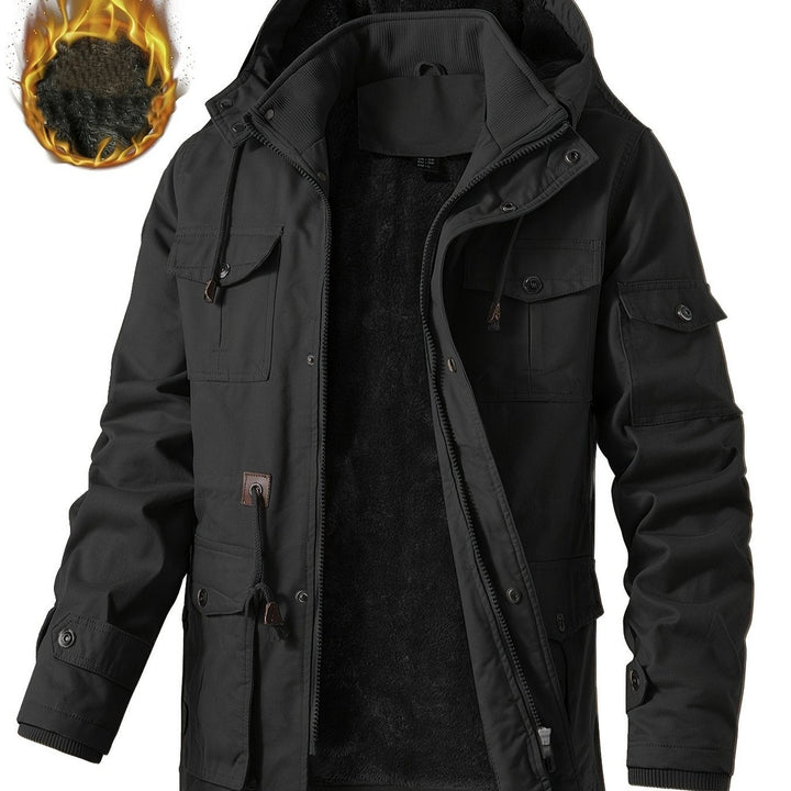 Men's heavyweight hooded cargo jacket in black