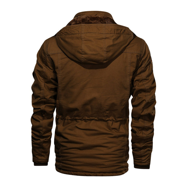 Men's heavyweight hooded cargo jacket in coffee, back view