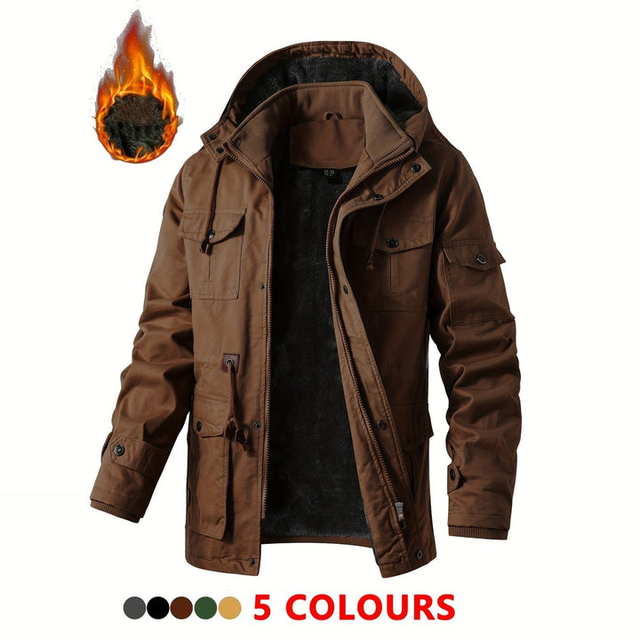 Men's heavyweight hooded cargo jacket in coffee, front view
