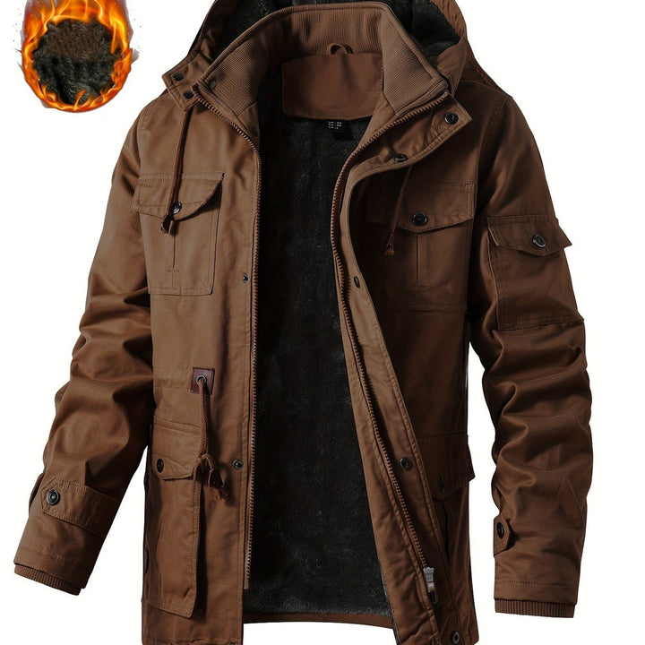 Men's heavyweight hooded cargo jacket in coffee