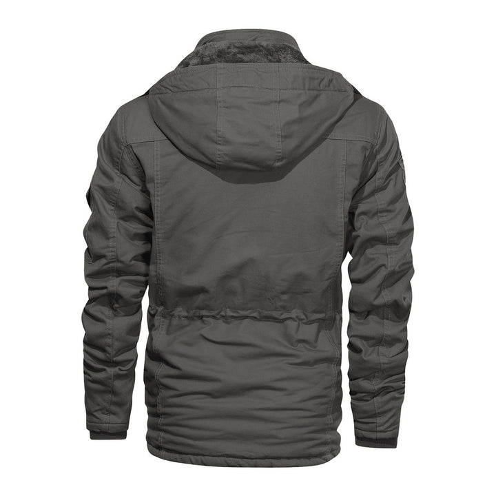 Men's heavyweight hooded cargo jacket in dark grey, back view