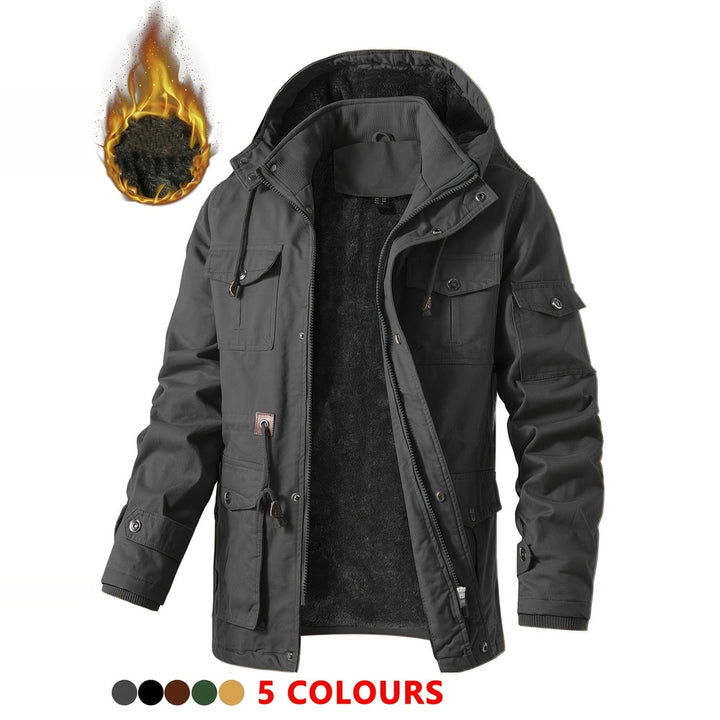 Men's heavyweight hooded cargo jacket in dark grey, front view