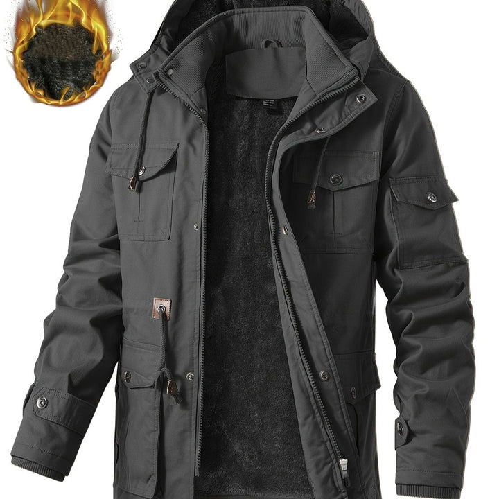 Men's heavyweight hooded cargo jacket in dark grey
