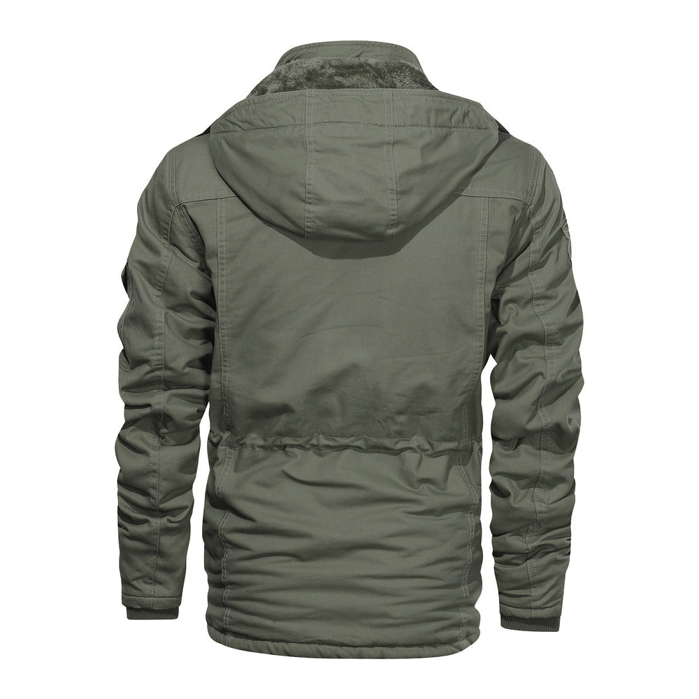Men's heavyweight hooded cargo jacket in fern green, back view