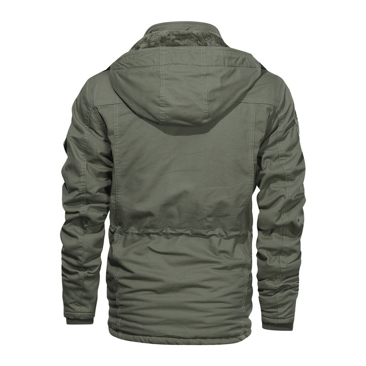 Men's heavyweight hooded cargo jacket in fern green, back view