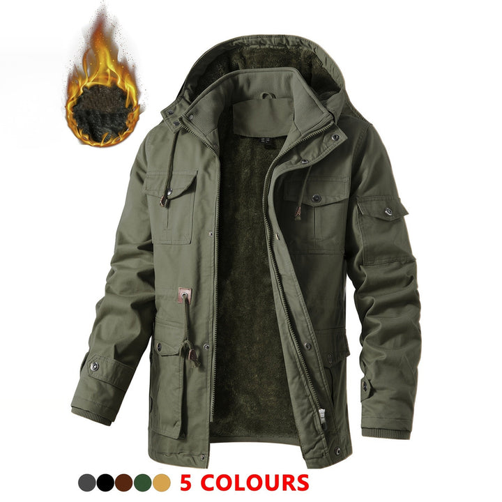 Men's heavyweight hooded cargo jacket in fern green, front view