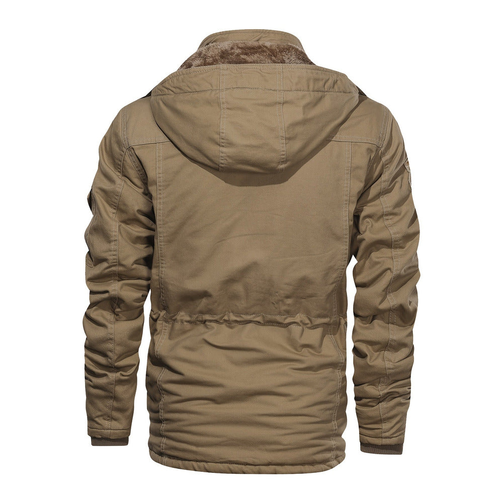 Men's heavyweight hooded cargo jacket in khaki, back view