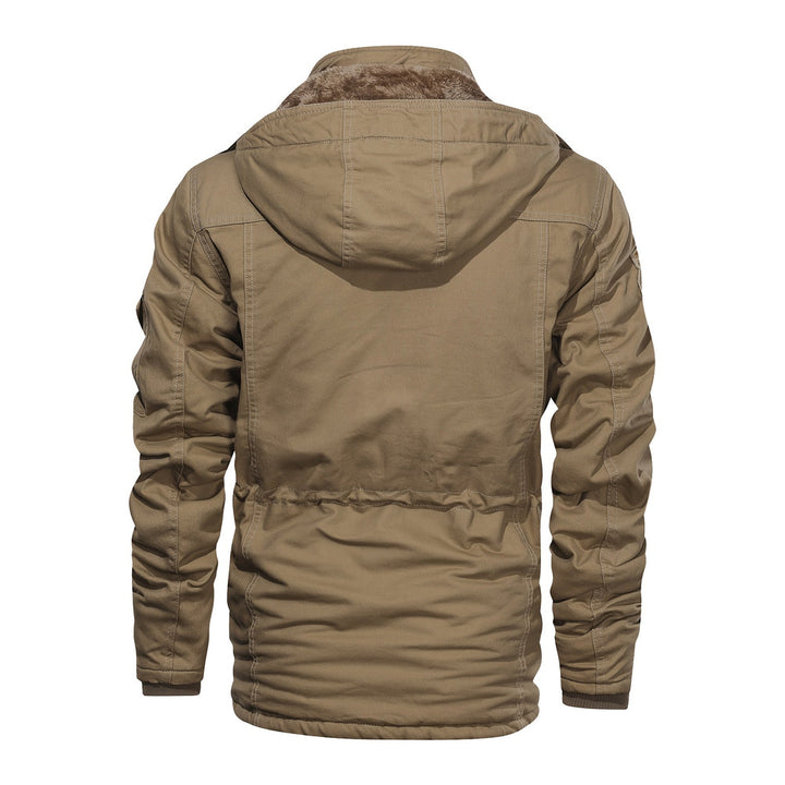 Men's heavyweight hooded cargo jacket in khaki, back view