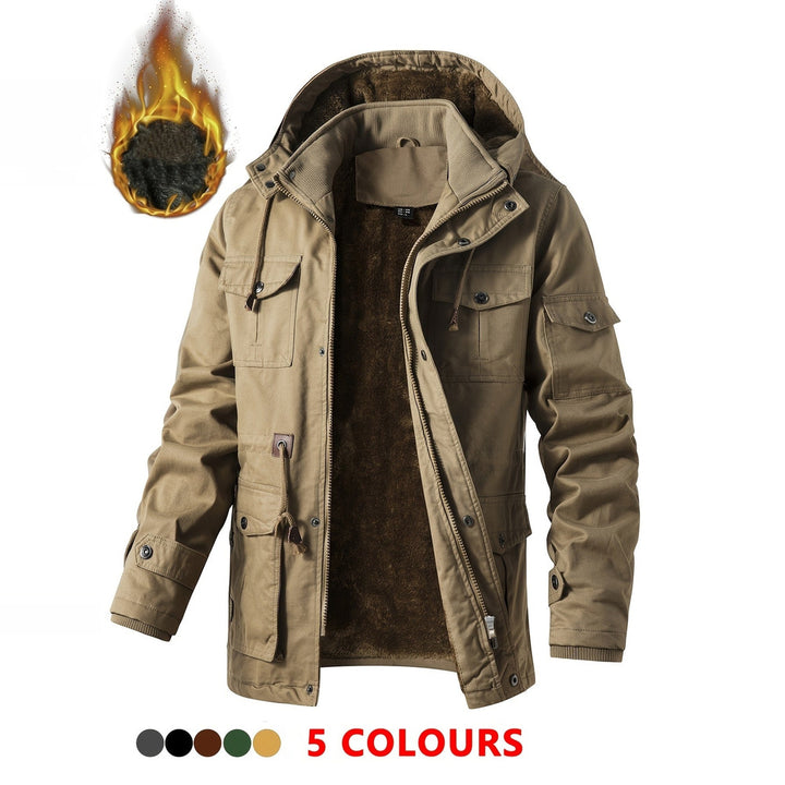 Men's heavyweight hooded cargo jacket in khaki, front view