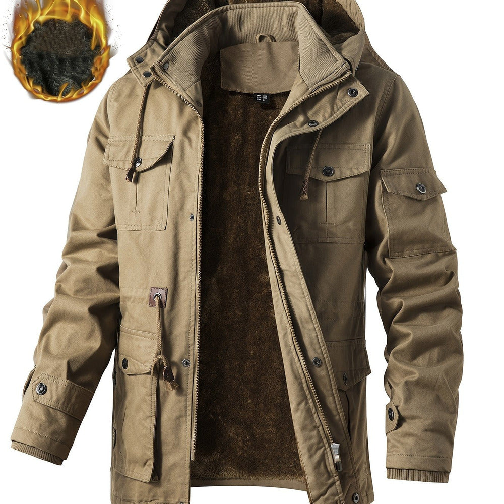 Men's heavyweight hooded cargo jacket in khaki