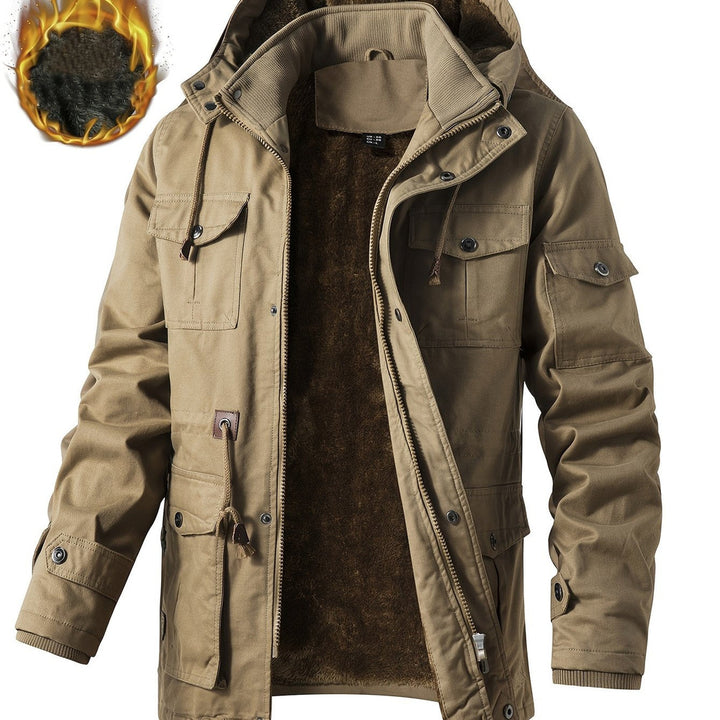 Men's heavyweight hooded cargo jacket in khaki