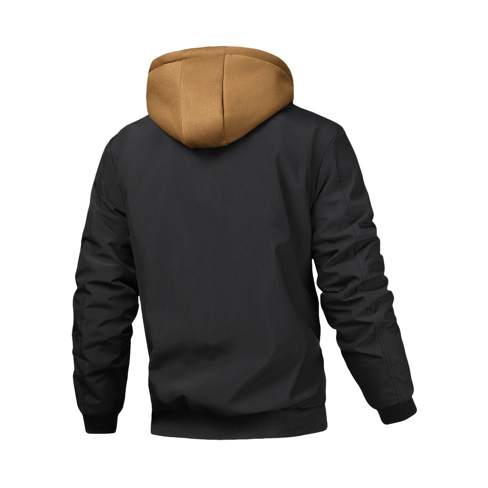 Men's hooded bomber jacket in black, back view