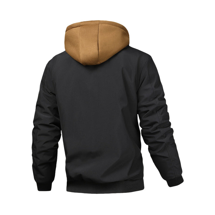 Men's hooded bomber jacket in black, back view