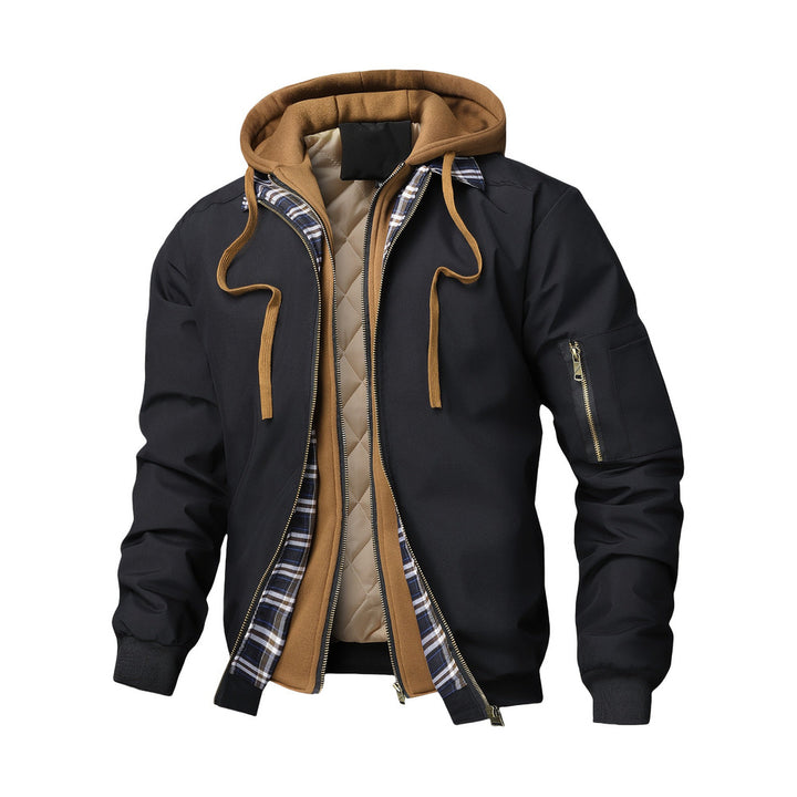 Men's hooded bomber jacket in black, front view