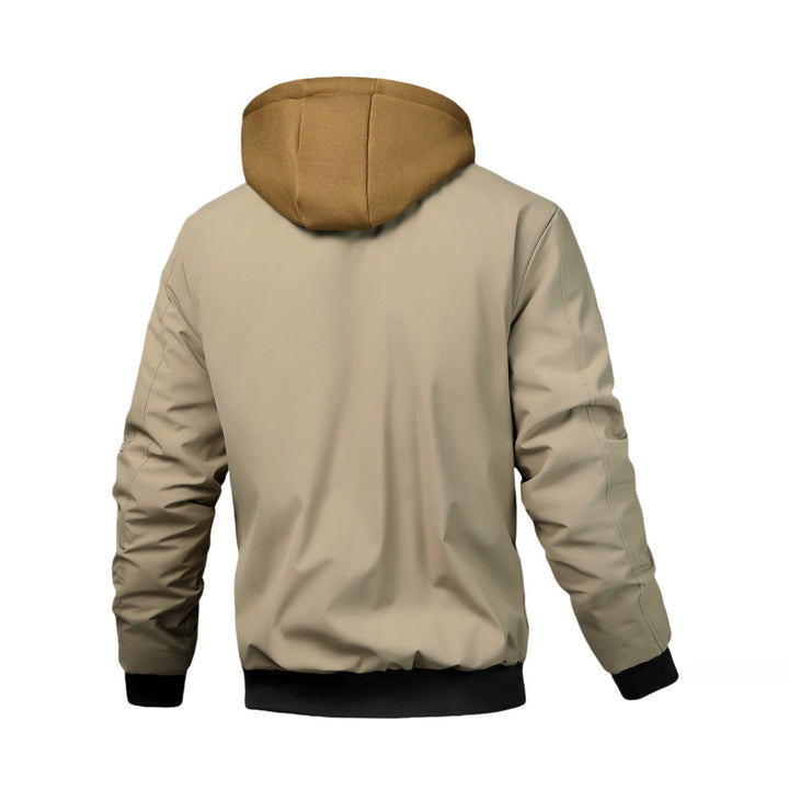 Men's hooded bomber jacket in khaki, back view