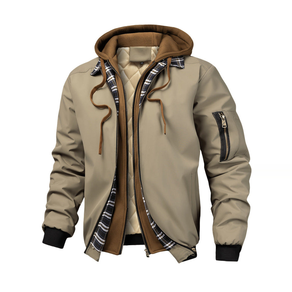 Men's hooded bomber jacket in khaki, front view