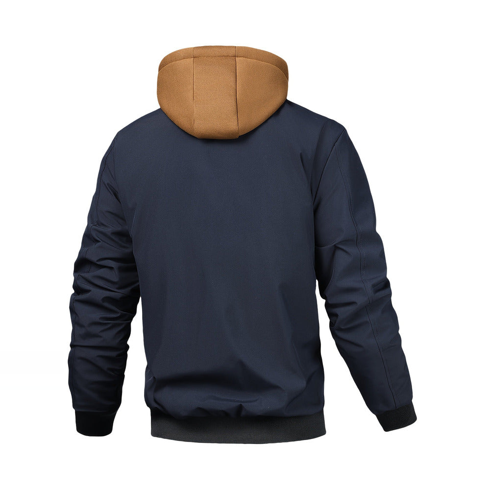 Men's hooded bomber jacket in navy, back view