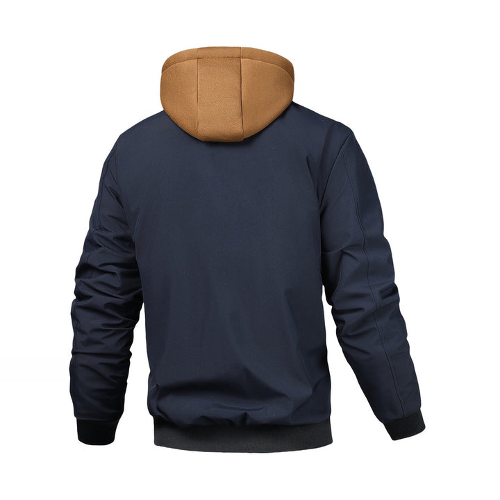 Men's hooded bomber jacket in navy, back view