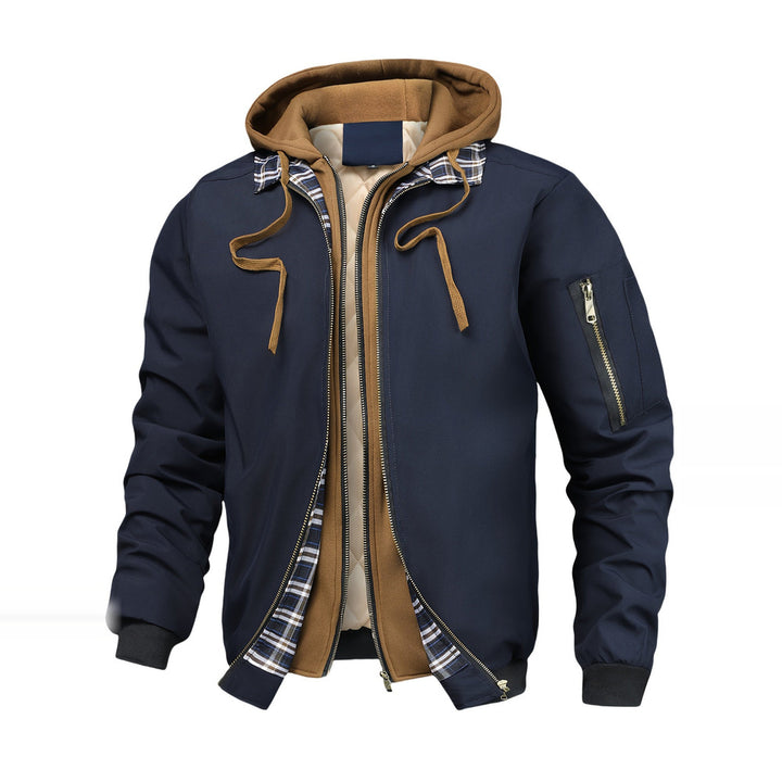 Men's hooded bomber jacket in navy, front view