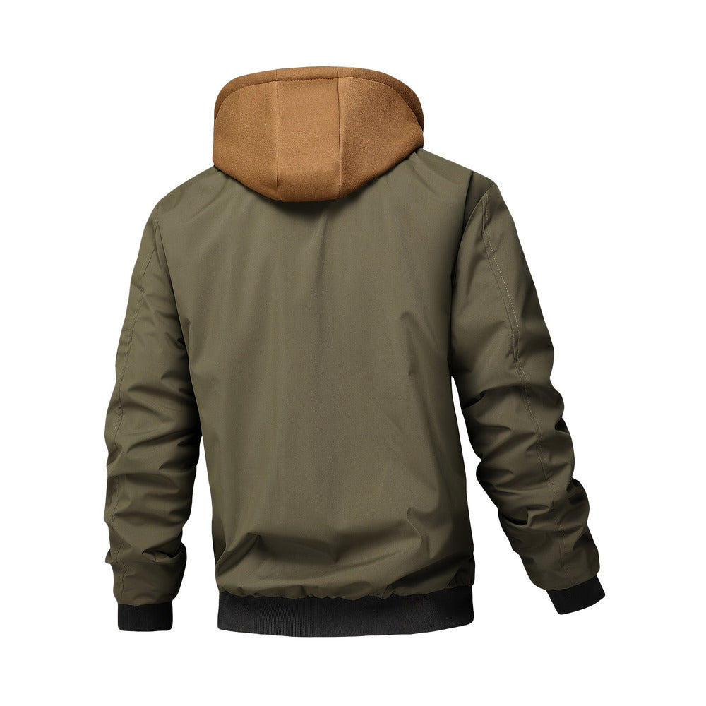 Men's hooded bomber jacket in olive green, back view