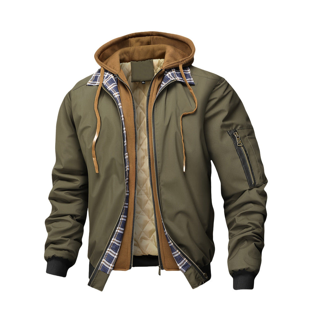 Men's hooded bomber jacket in olive green, front view