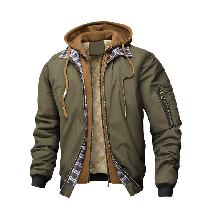 Men's hooded bomber jacket in olive green, front view
