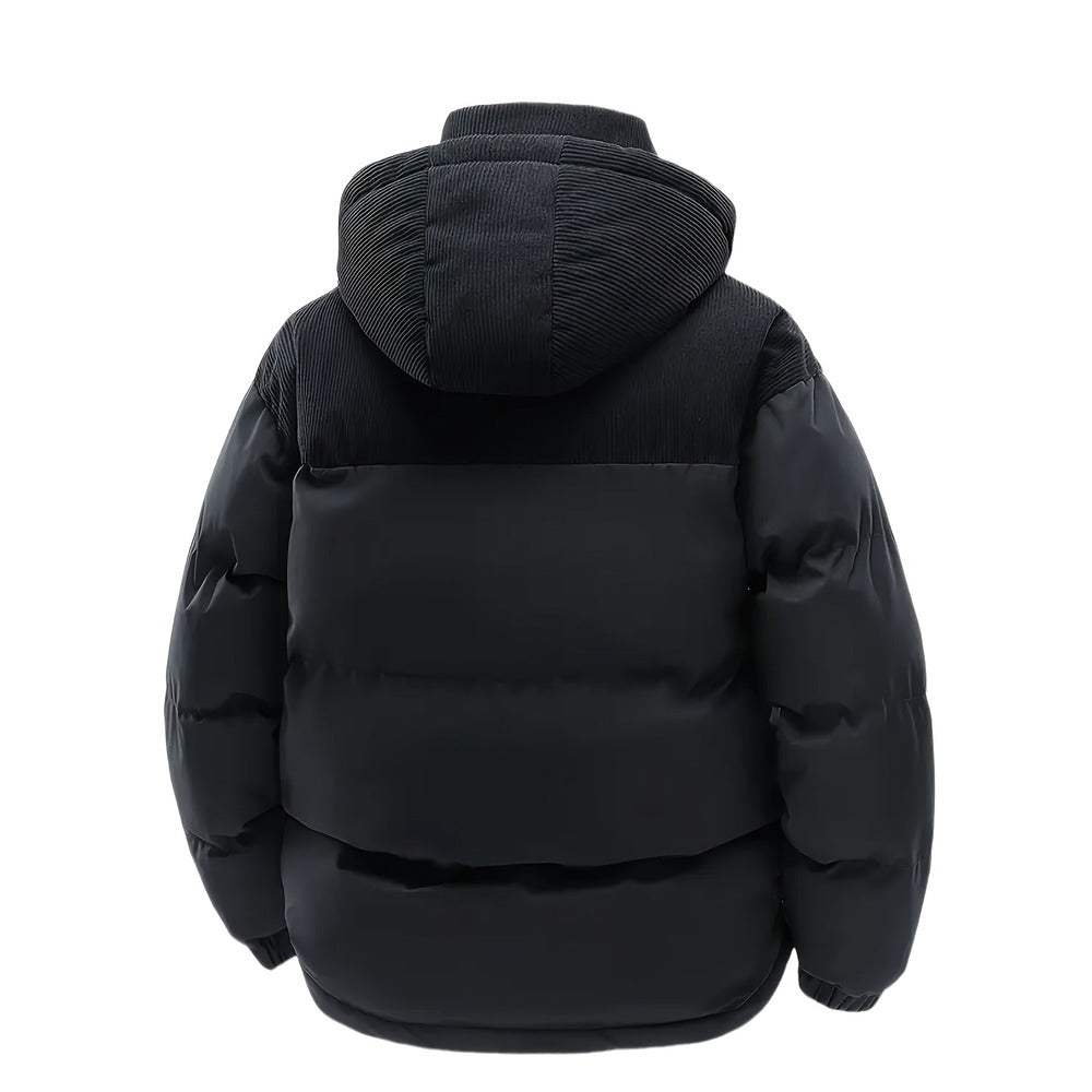 Men's hooded puffer jacket in black, back view