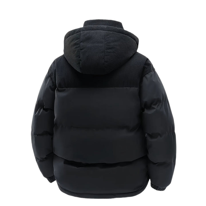 Men's hooded puffer jacket in black, back view