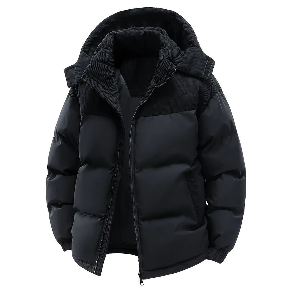 Men's hooded puffer jacket in black, front view