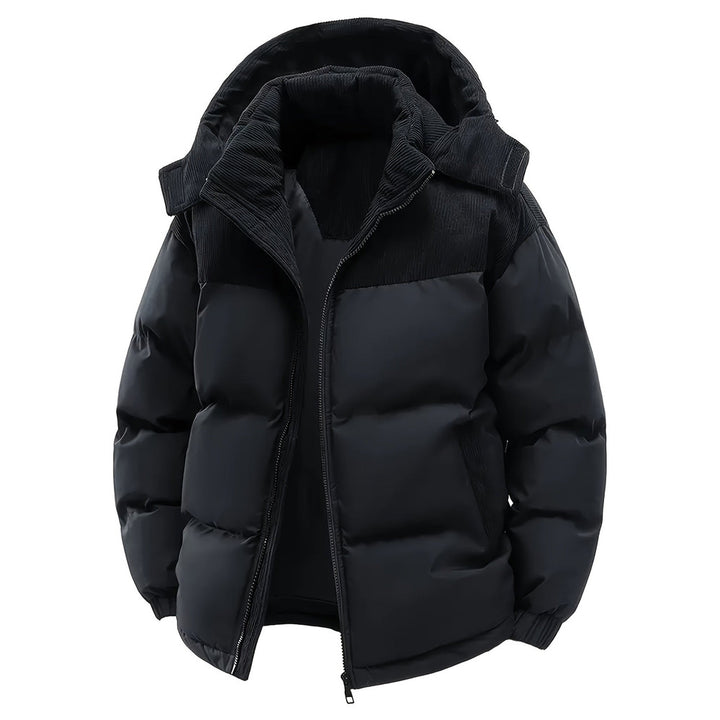 Men's hooded puffer jacket in black, front view