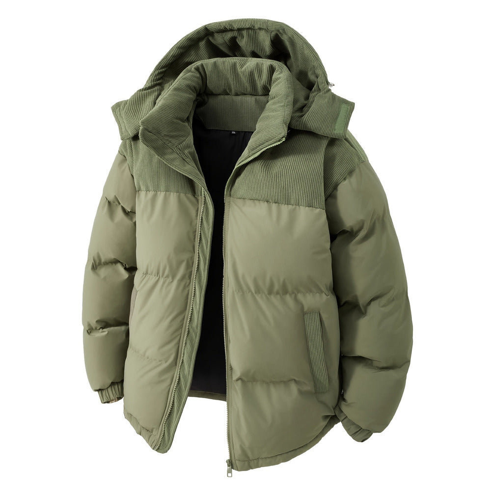 Men's hooded puffer jacket in fern green, front view