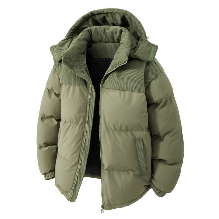 Men's hooded puffer jacket in fern green, front view