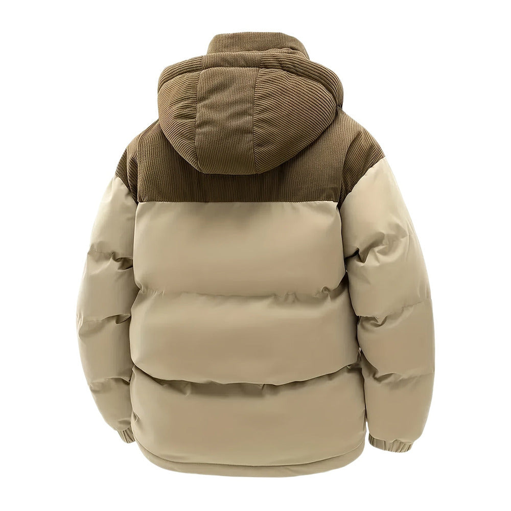 Men's hooded puffer jacket in khaki, back view