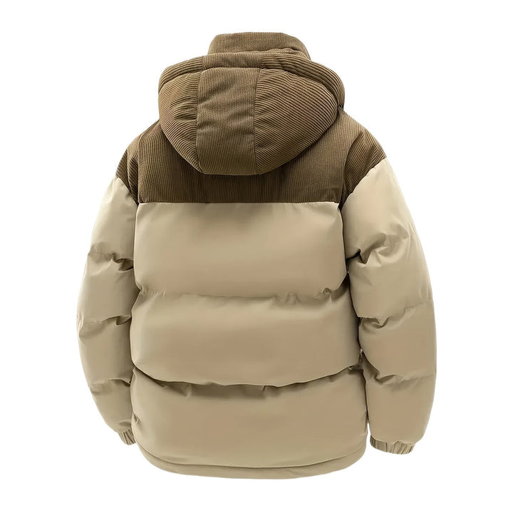 Men's hooded puffer jacket in khaki, back view