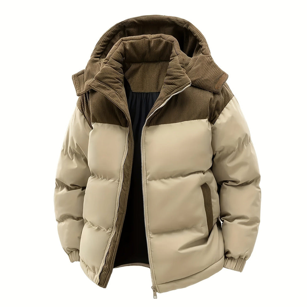 Men's hooded puffer jacket in khaki, front view