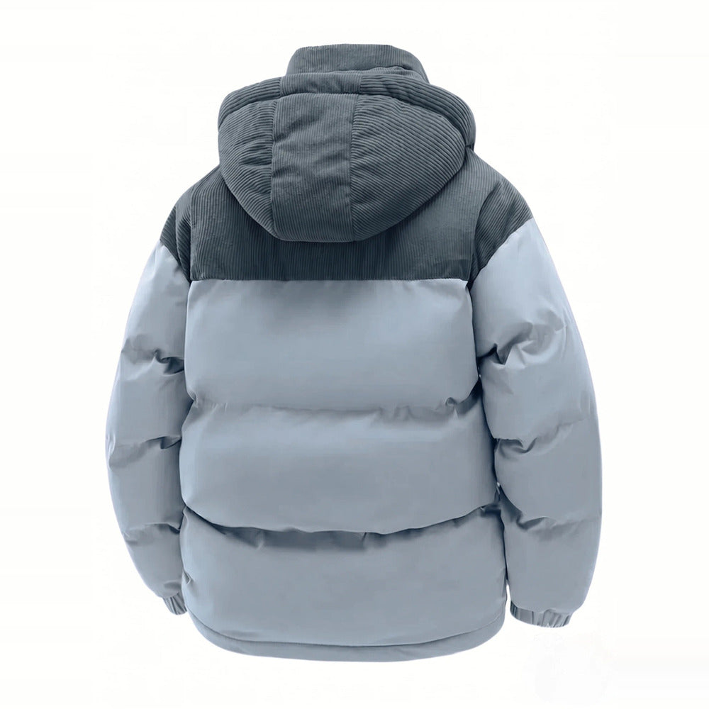 Men's hooded puffer jacket in sky blue, back view