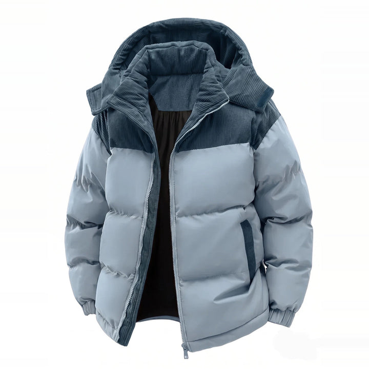 Men's hooded puffer jacket in sky blue, front view
