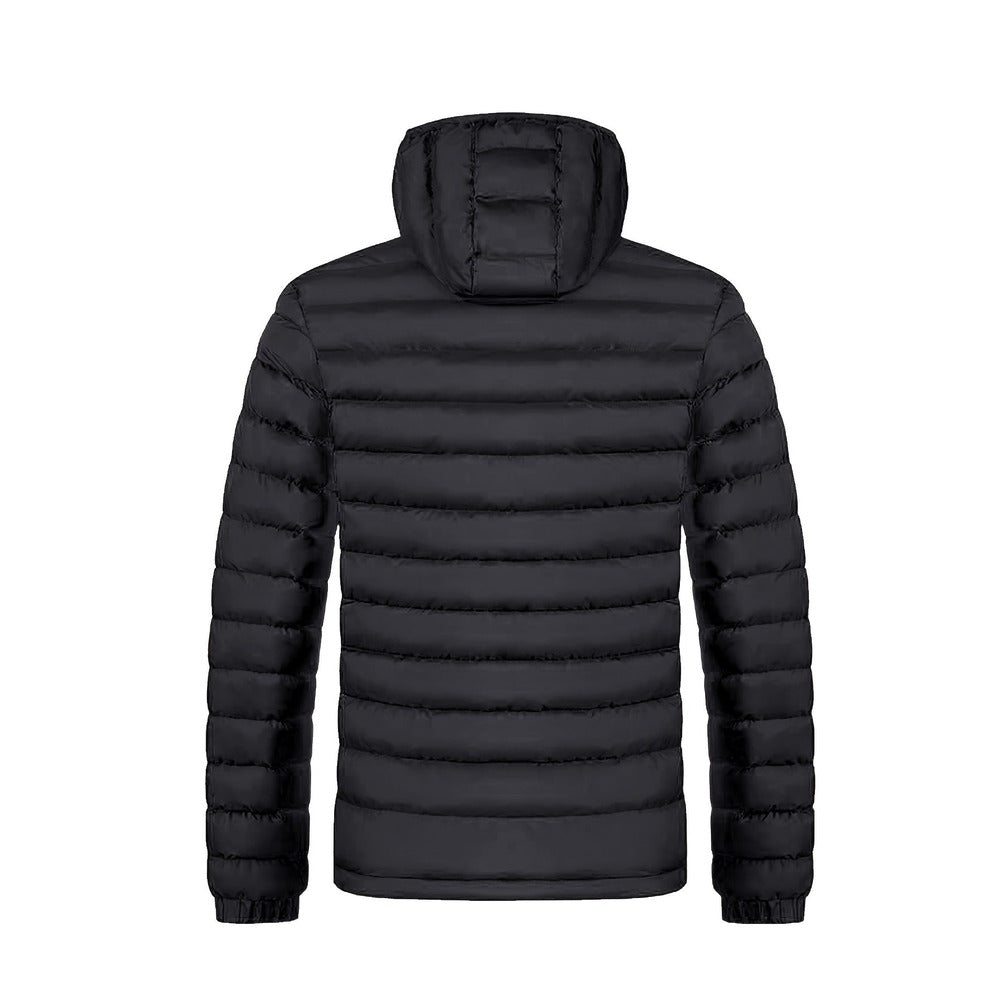 Men's hooded quilted puffer jacket in black, back view
